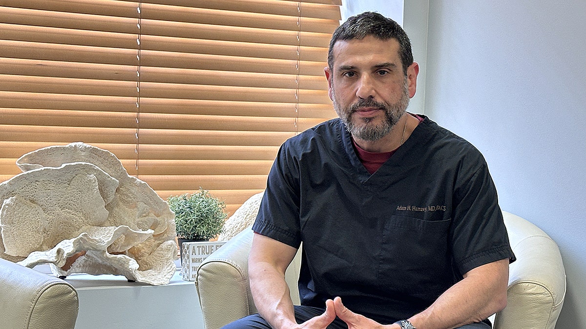 Plastic surgeon Adam Hisham Hamawy seated during an interview in New York