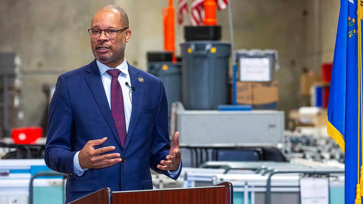 Nevada Attorney General Aaron Ford speaking at Clark County Election Department in North Las Vegas
