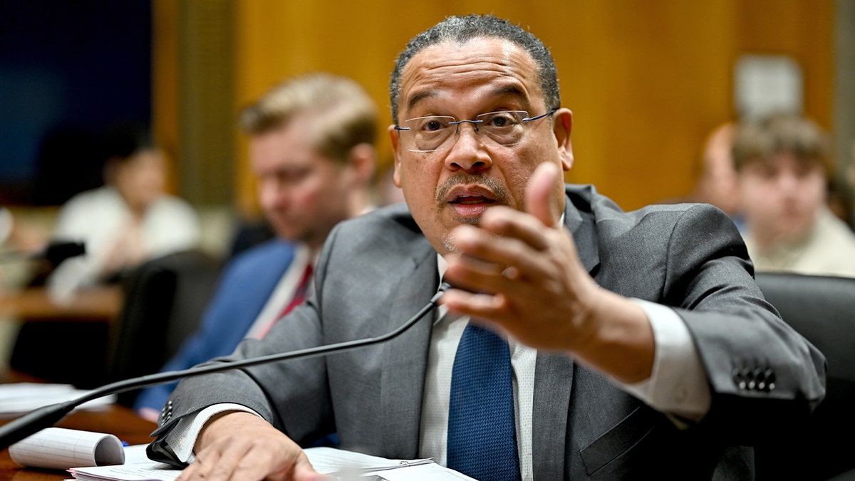 Minnesota Attorney General Keith Ellison speaking during a Senate committee hearing