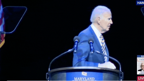 Former President Joe Biden exits the stage after delivering remarks at the Maryland Democratic Party's Fight Back and Win Gala near Baltimore on Saturday.
