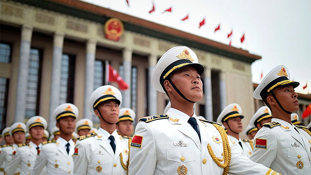 Chinese honor guards standing in formation outside the Great Hall of the People in Beijing