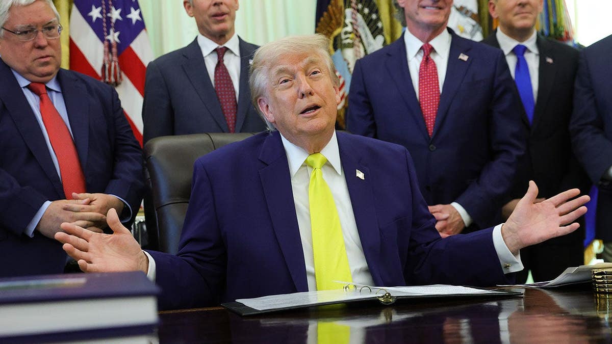 U.S. President Donald Trump speaking in the Oval Office of the White House
