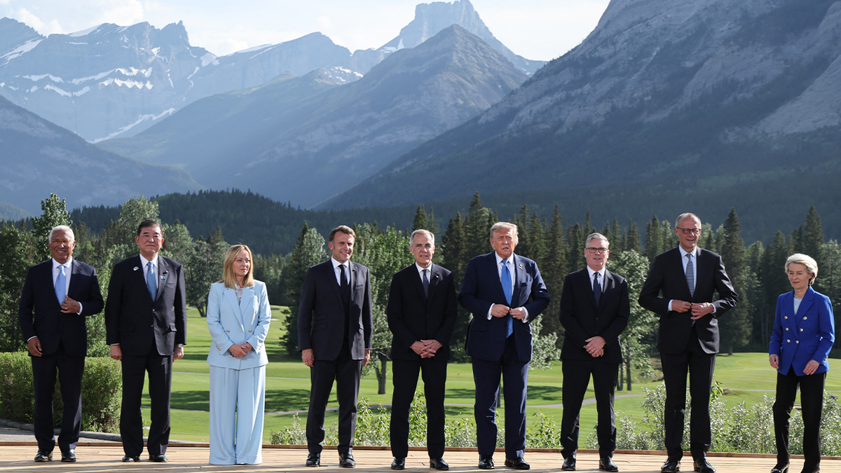 European Council President António Costa and other G7 leaders pose for a family photo at Kananaskis Country Golf Course