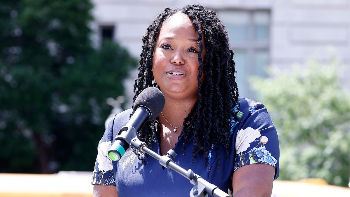 Ward 4 Councilmember Janeese Lewis-George speaking at a rally in Washington, D.C.