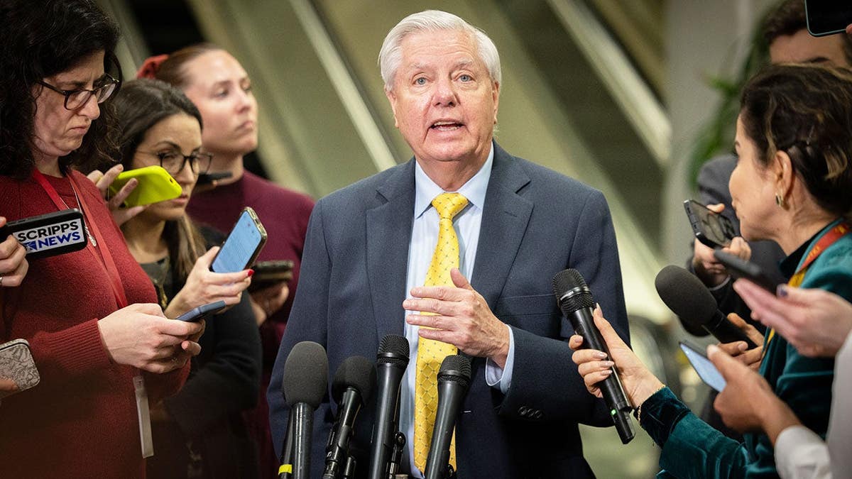 Senator Lindsey Graham speaking to reporters at the U.S. Capitol in Washington, D.C.