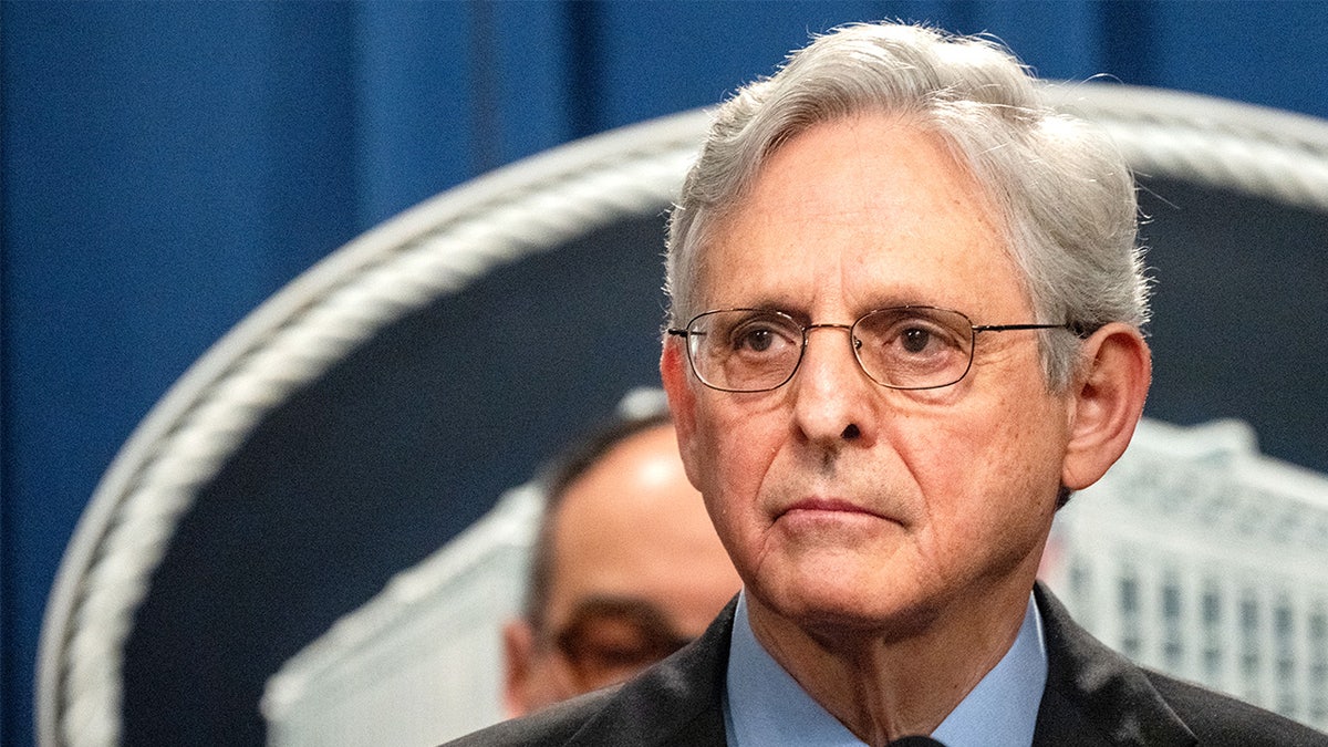 Attorney General Merrick Garland speaking at a news conference at the Department of Justice Building in Washington D.C.