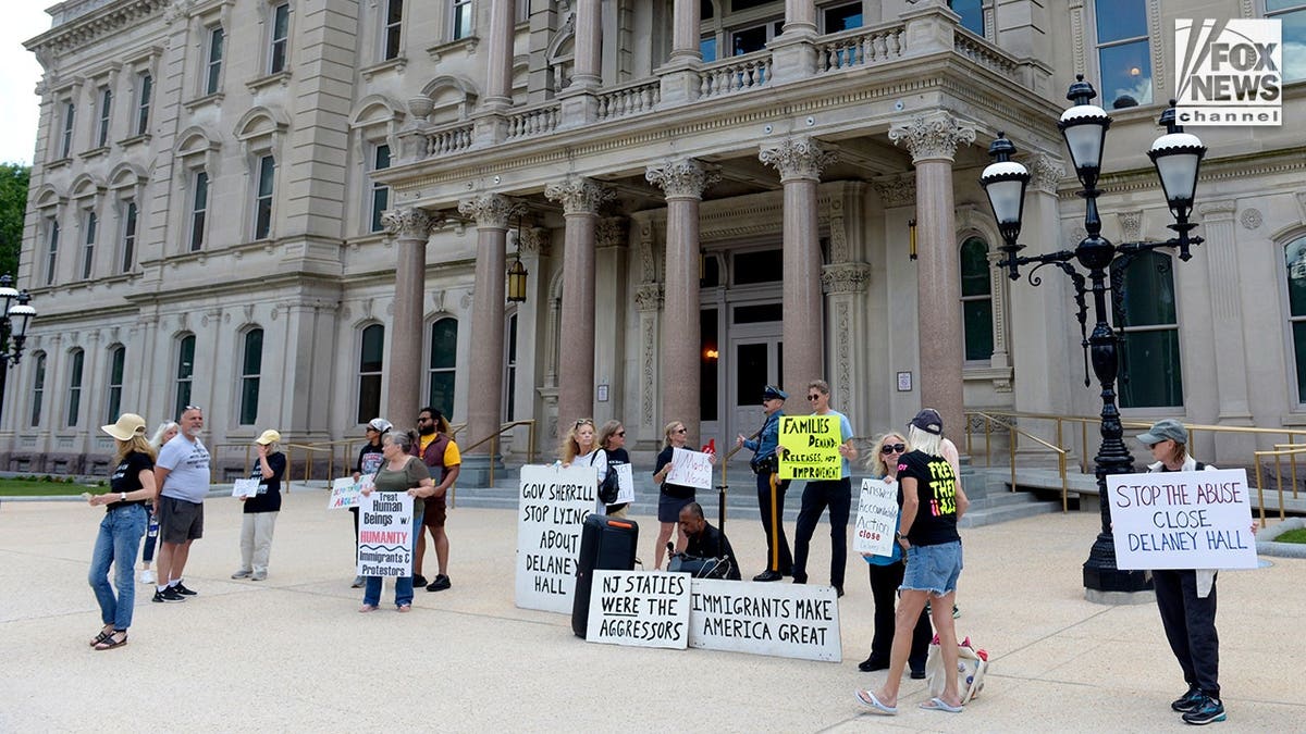 Protestors outside Mikie Sherrill's office at State House in Trenton