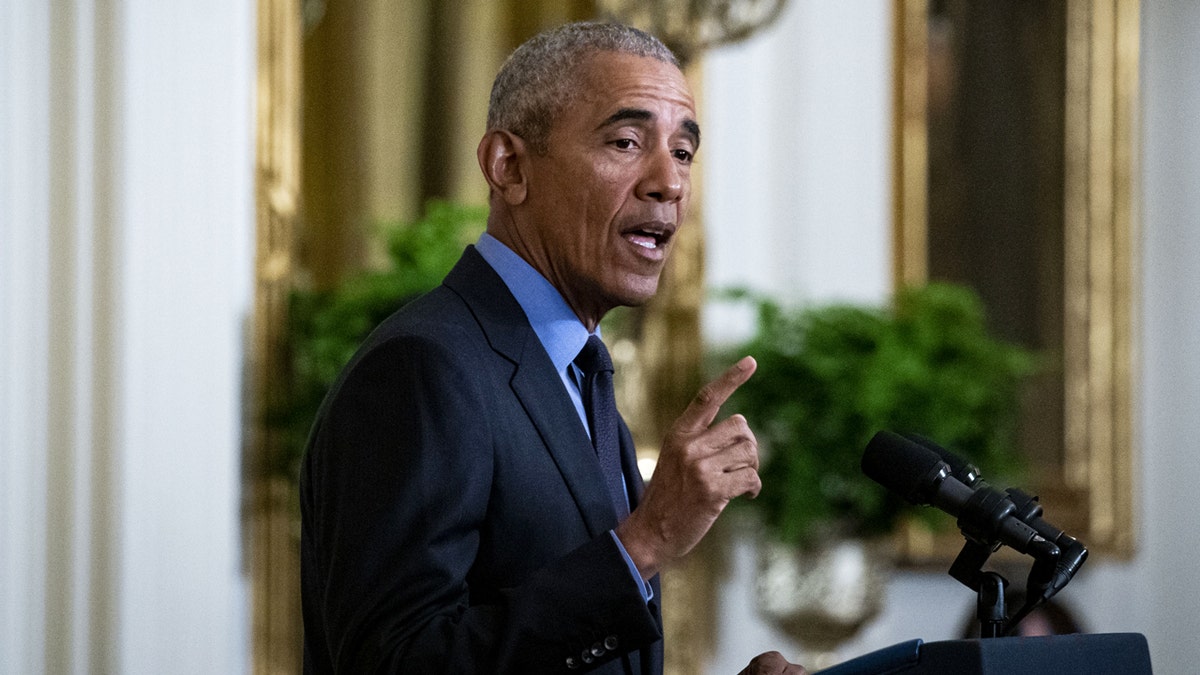 President Barack Obama speaking in the East Room of the White House.