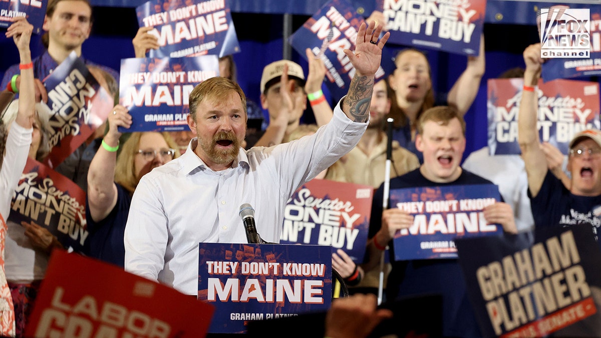 Graham Platner speaks at an election watch party after wining the Senate Democratic nomination.