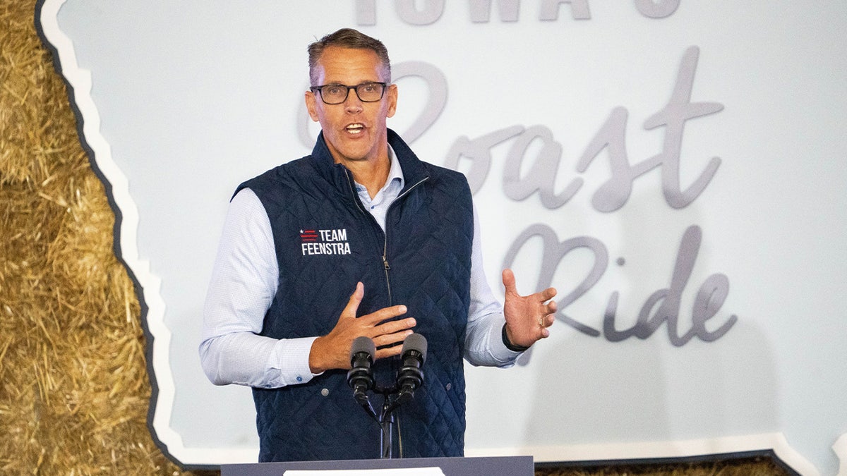 Rep. Randy Feenstra speaking at Iowa State Fairgrounds during Roast and Ride event
