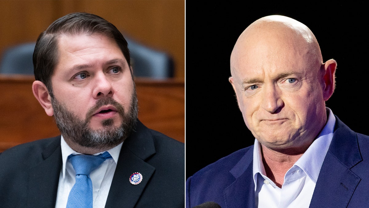 Rep. Ruben Gallego speaking at a House Armed Services Subcommittee hearing and Sen. Mark Kelly speaking at an election night event