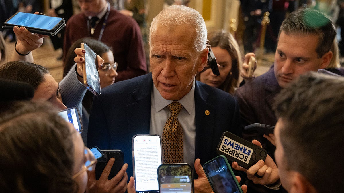 Senator Thom Tillis speaking to reporters at the U.S. Capitol in Washington, D.C.