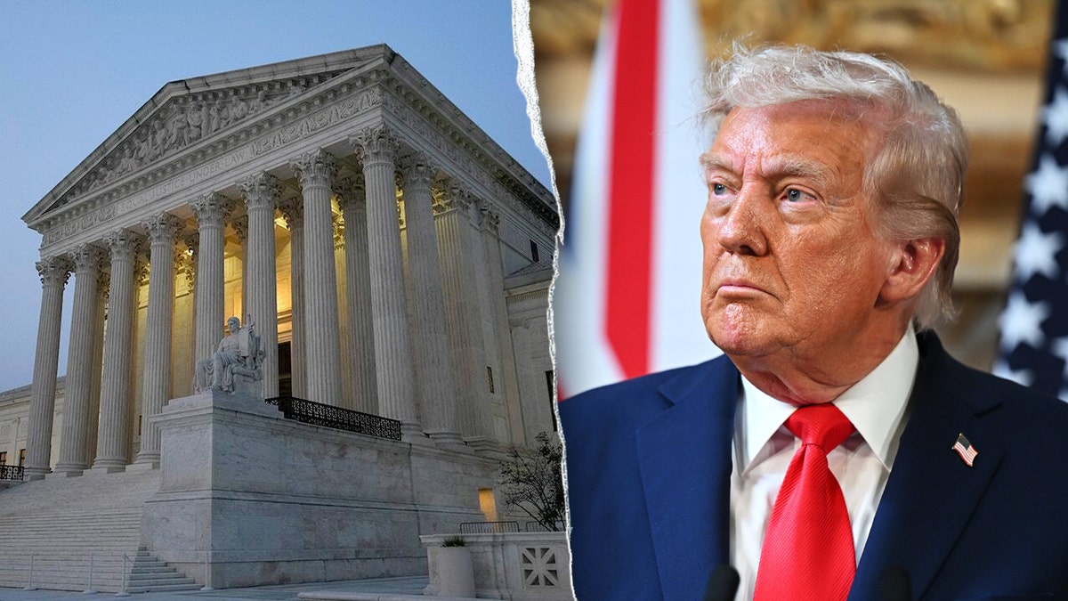 President Donald Trump speaking with the Supreme Court building in the background.