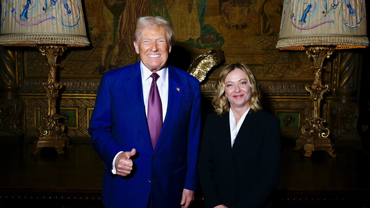 President-elect Donald J. Trump standing next to Italian Prime Minister Giorgia Meloni at Mar-a-Lago