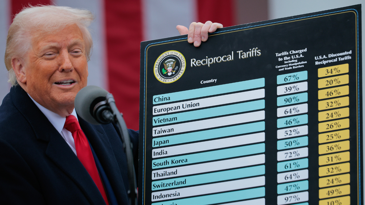 U.S. President Donald Trump speaking in the White House Rose Garden holding a poster