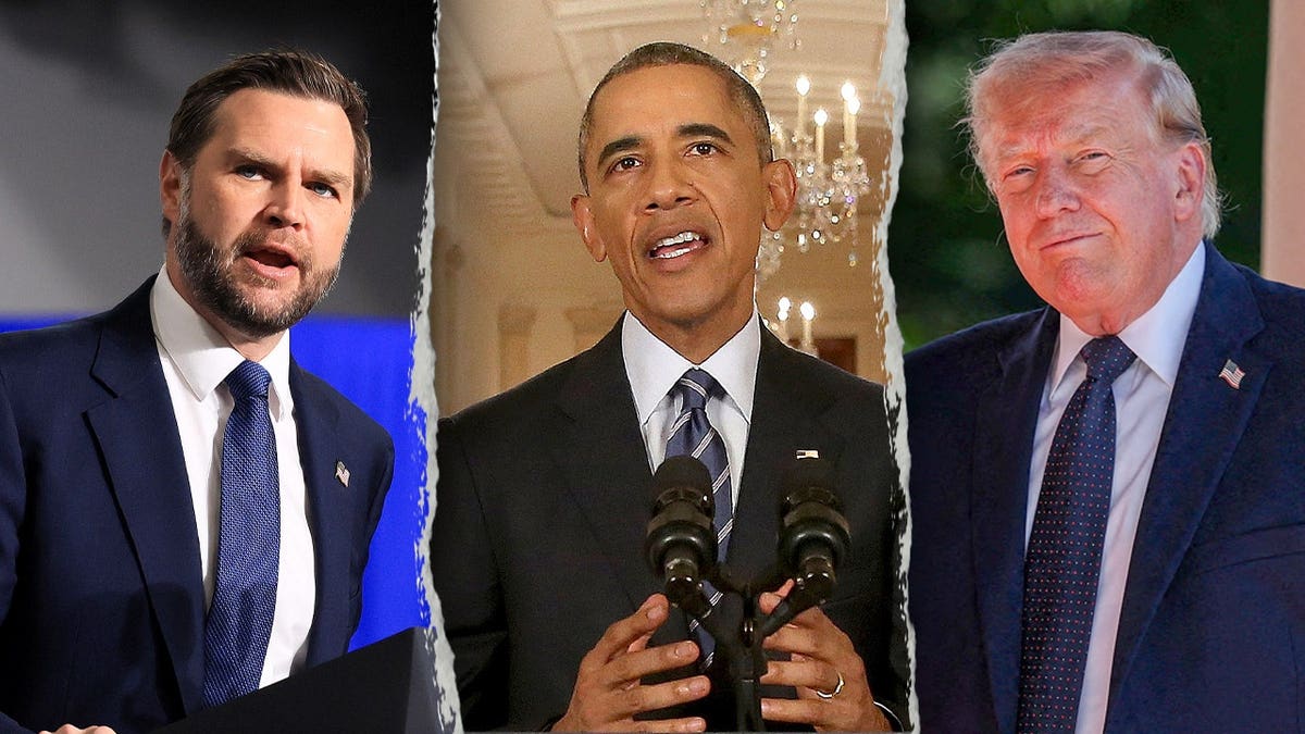 Vance speaking, Barack Obama standing with Joe Biden, and Donald Trump walking in a three-way split image.