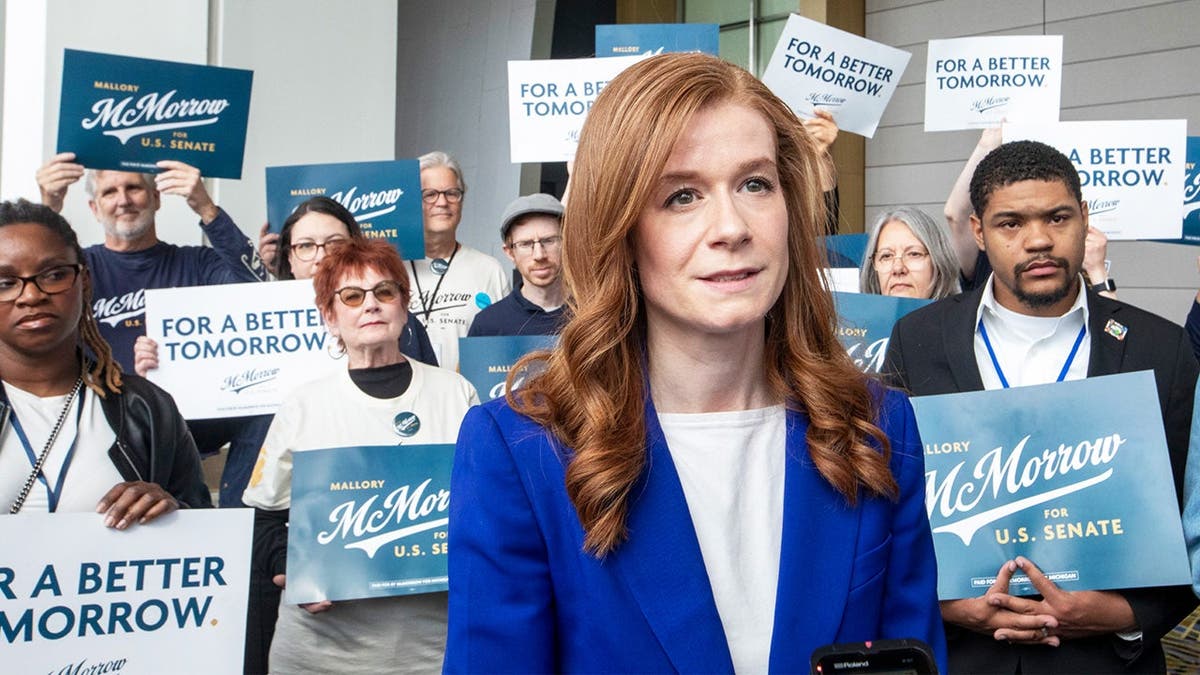 Mallory McMorrow, a candidate for U.S. Senate, campaigns at the Michigan Democratic Nominating Convention. McMorrow is currently a member of the Michigan Senate.