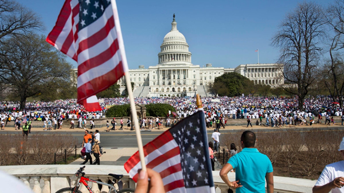 A crowd fills the lawn on Capitol Hill in Washington, Wednesday, April 10, 2103, during the 