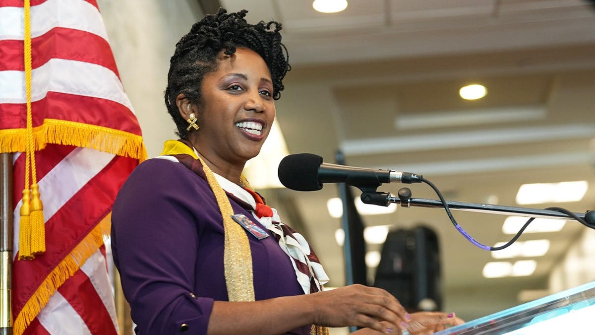 Rep. Erica Lee Carter talks about her mother during the dedication of 1111 Fannin after Congresswoman Sheila Jackson Lee in Houston on Thursday, May 15, 2025.