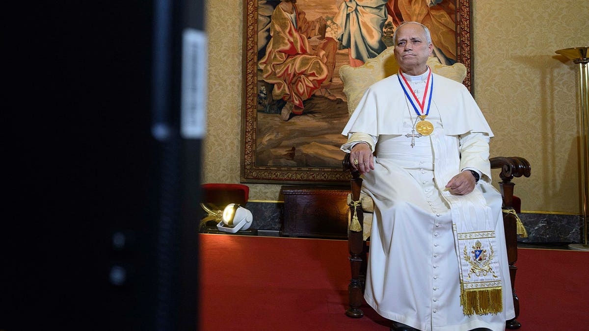 Pope Leo XIV views a livestream from the U.S. National Constitution Center in Philadelphia as he is awarded the 2026 Liberty Medal during a private audience at the Apostolic Palace on July 03, 2026 in Vatican City, Vatican.