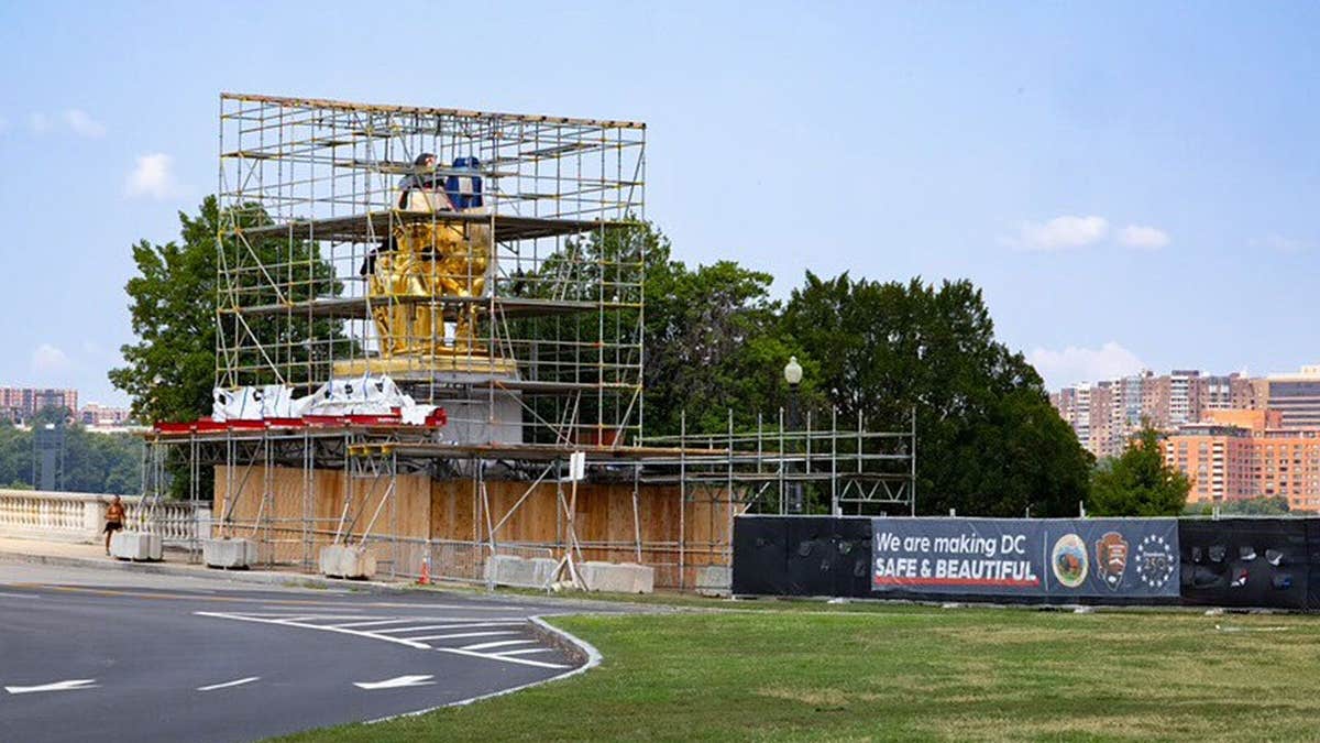 Arts of War statue restoration near Lincoln Memorial in Washington.