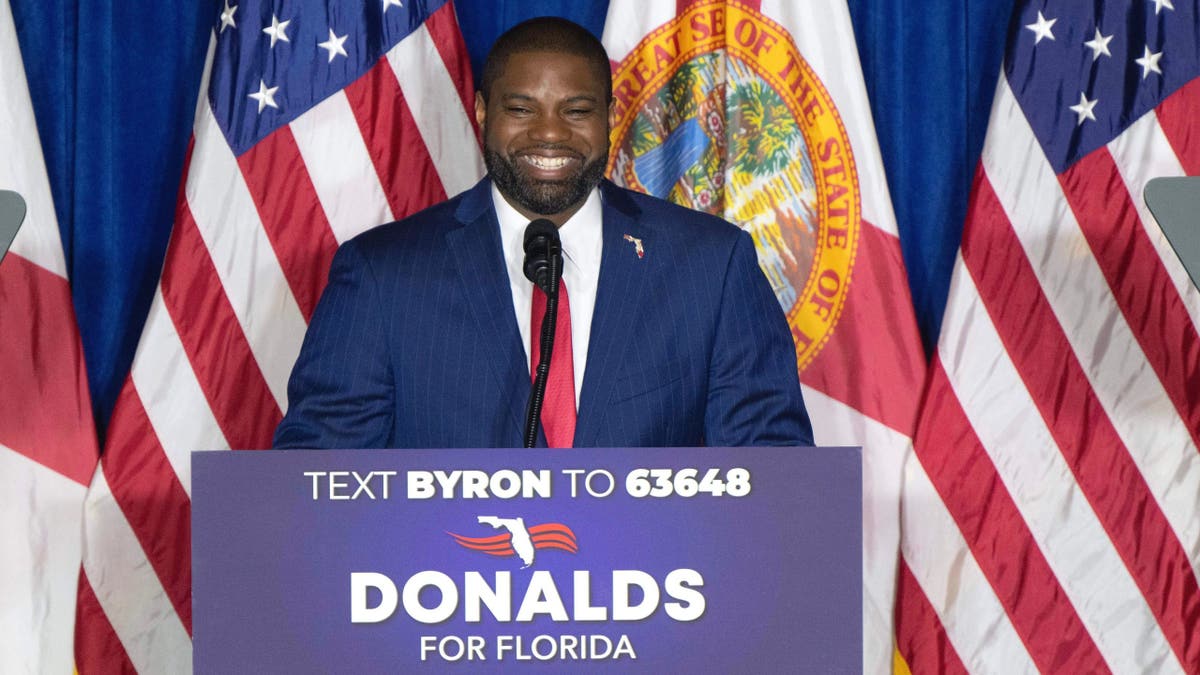 Gubernatorial candidate U.S. Rep. Byron Donalds speaks during his kickoff campaign, Friday, March 28, 2025, in Bonita Springs, Fla. (AP Photo/Chris Tilley)