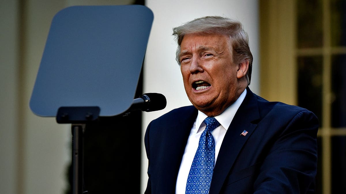 President Trump reads from a teleprompter in the White House Rose Garden.