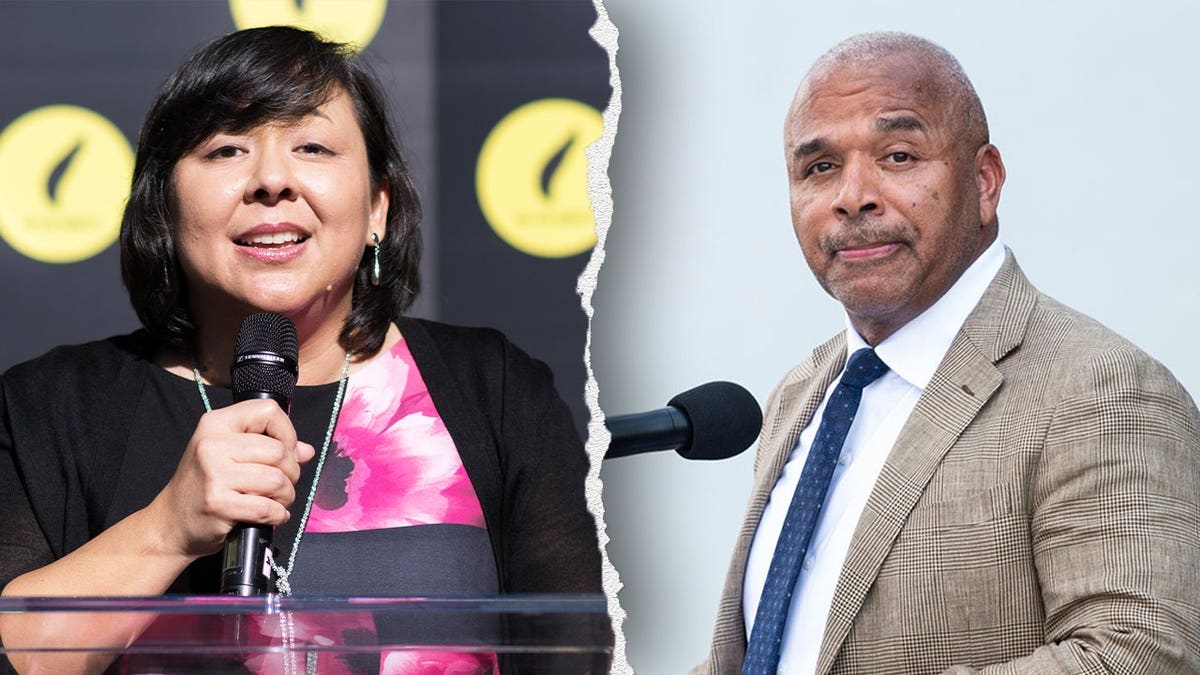 Split image of Margaret Huang speaking at an event and Bryan Fair speaking at a podium.