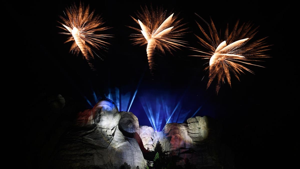Fireworks explode after President Donald Trump spoke at Mount Rushmore National Memorial, Friday, July 3, 2026, near Keystone, S.D.