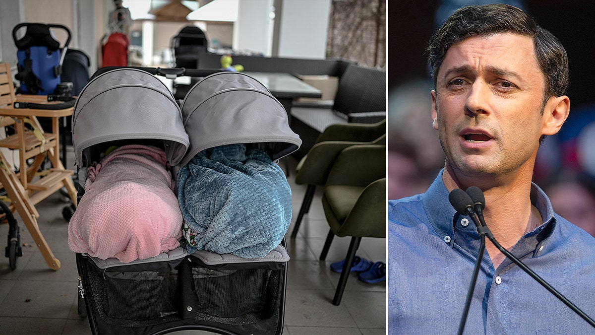 Sen. Jon Ossoff, D-Ga., next to an image of baby strollers
