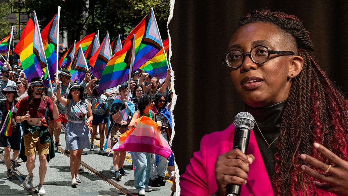 A pride parade, left, pictured alongside Kelley Robinson, right.