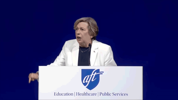 Randi Weingarten jumps up and down