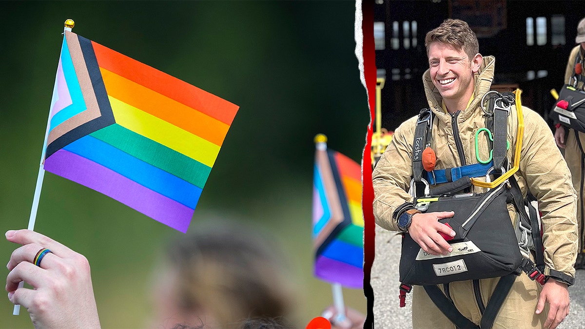 Sam Forstag next to LGBT flag
