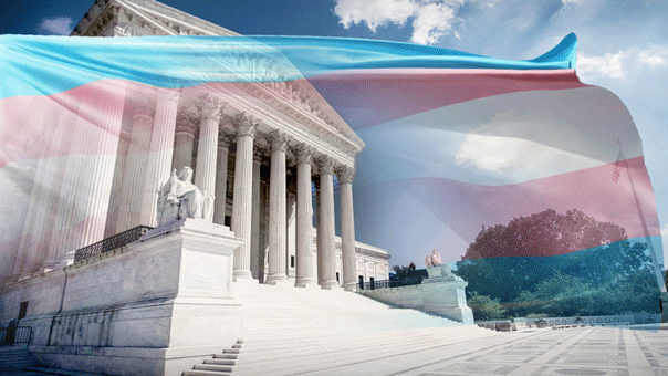 Trans flag flies over a photo of SCOTUS building
