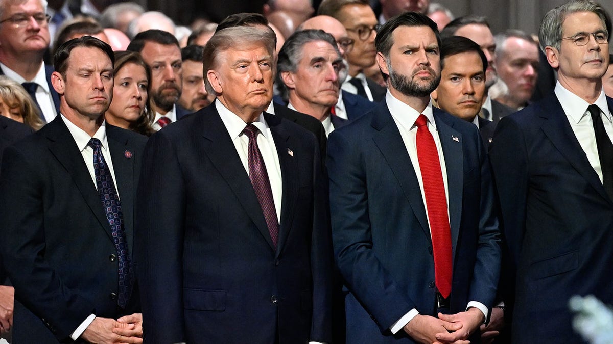 President Donald Trump, Vice President JD Vance and Secretary Scott Bessent during the funeral service of the late Sen. Lindsey Graham at the Washington National Cathedral in Washington, D.C., on July 28, 2026.