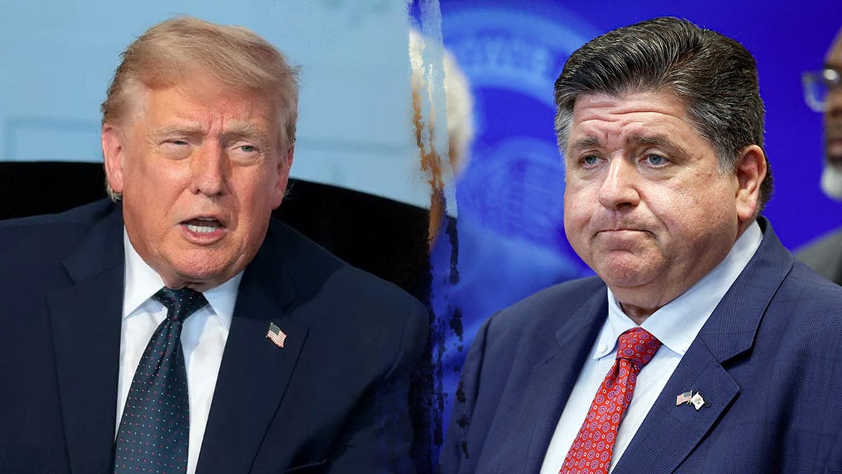 split image shows President Trump on left and Illinois Governor Pritzker on right