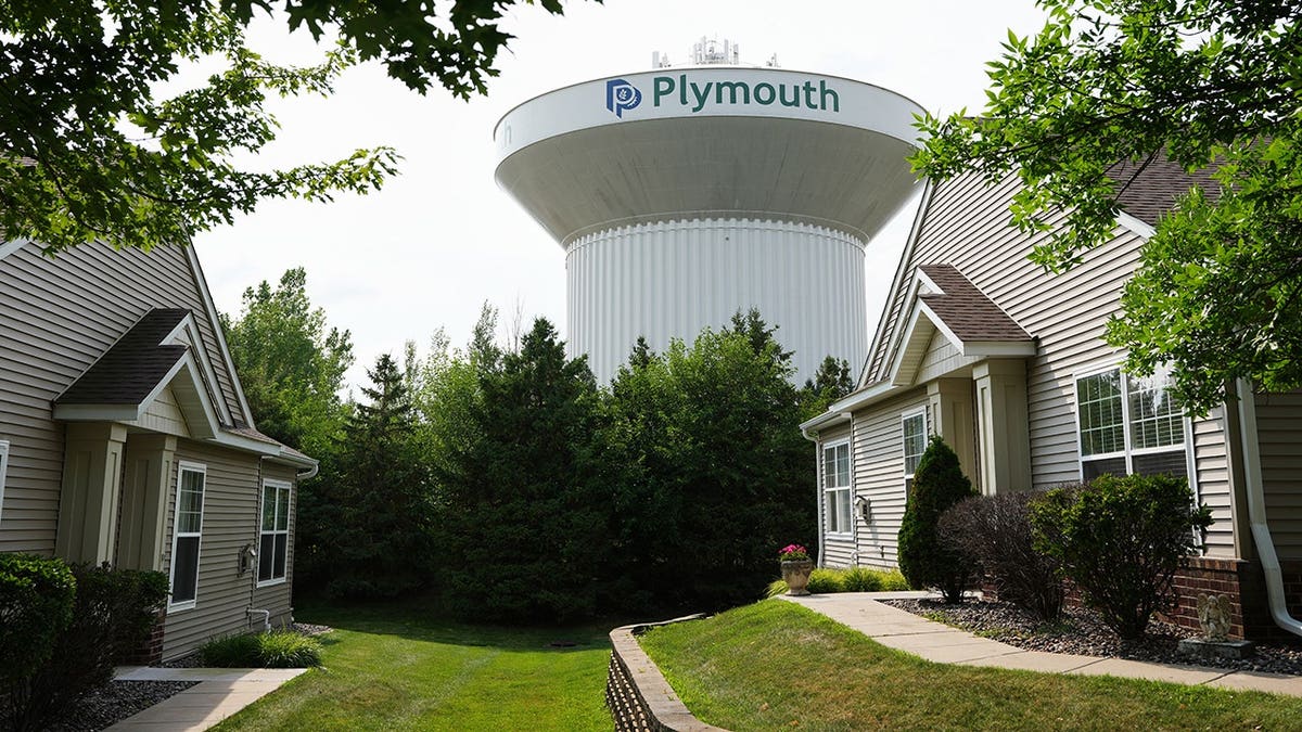 Water tower stands in Plymouth, Minnesota.