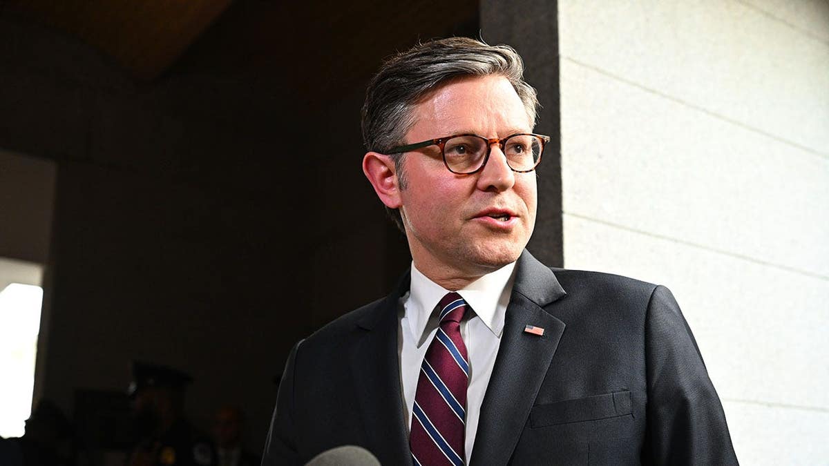 Mike Johnson speaks to reporters at the U.S. Capitol in Washington, D.C.