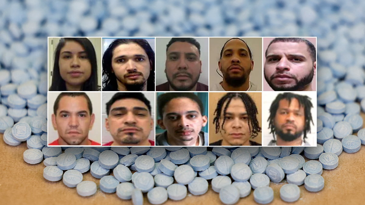 Inset of 10 fentanyl-related arrestees booking photos atop a file photo of fentanyl pills