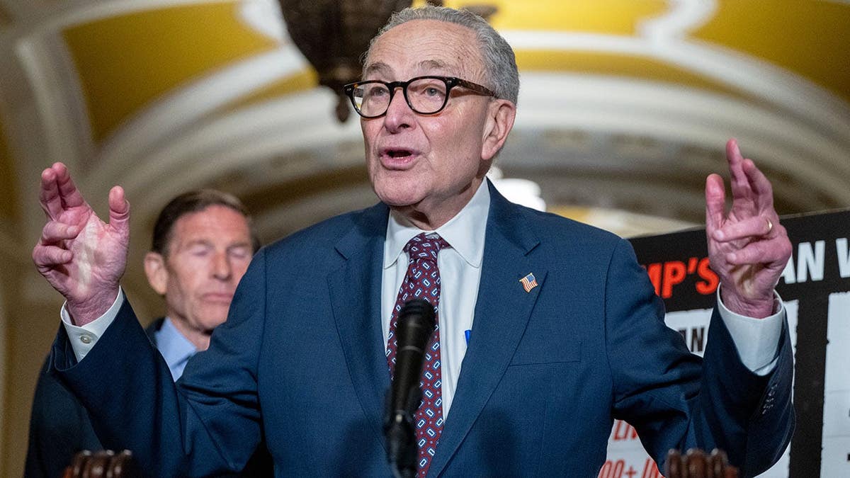 Chuck Schumer speaks during a news conference at the U.S. Capitol in Washington.