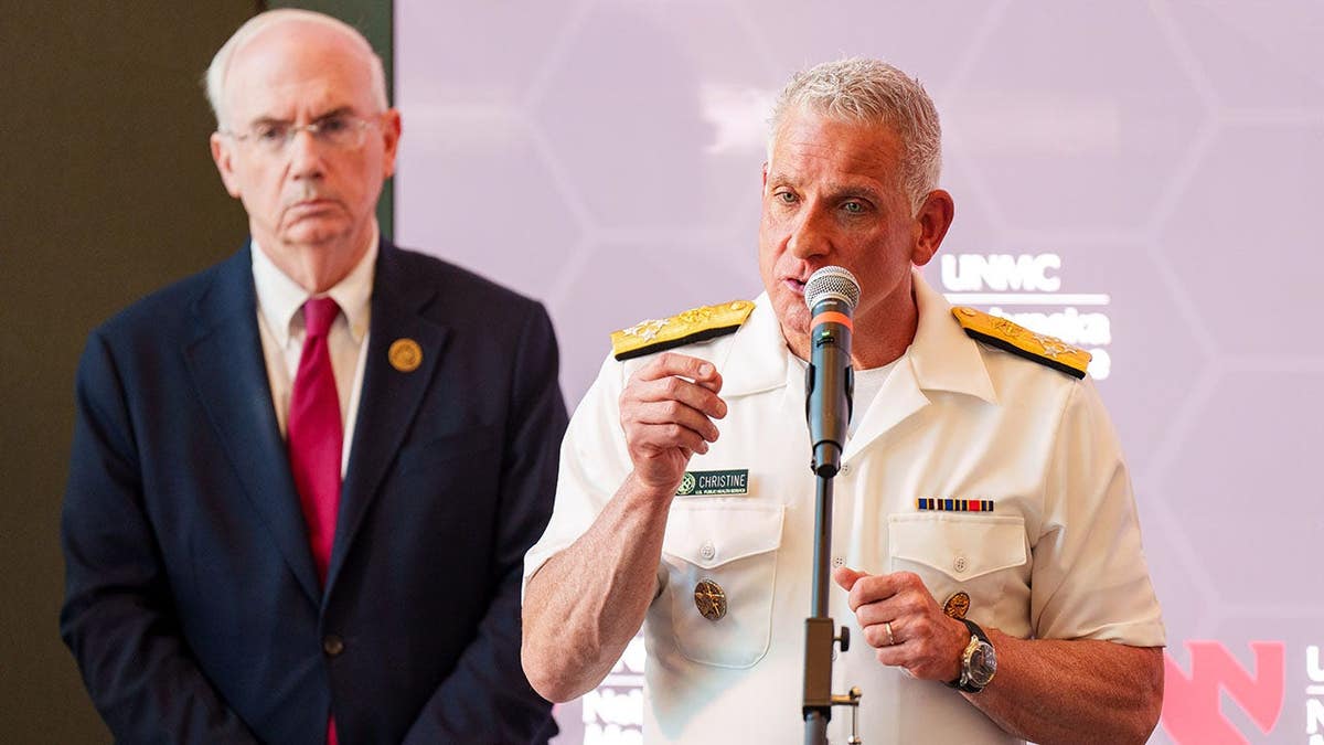 Admiral Brian Christine speaks at a press conference in Omaha, Nebraska.