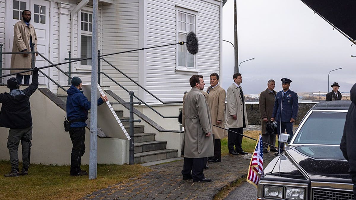 Cast and crew on location during the production of 