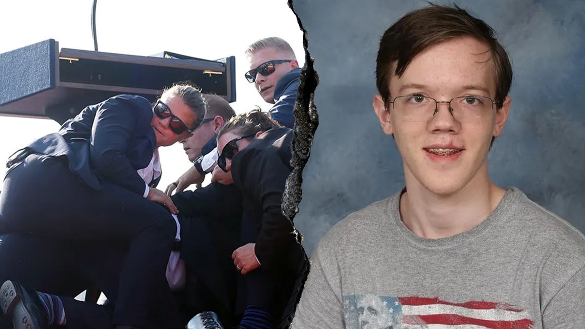 split photo of secret service responding to scene and school photo of thomas crooks