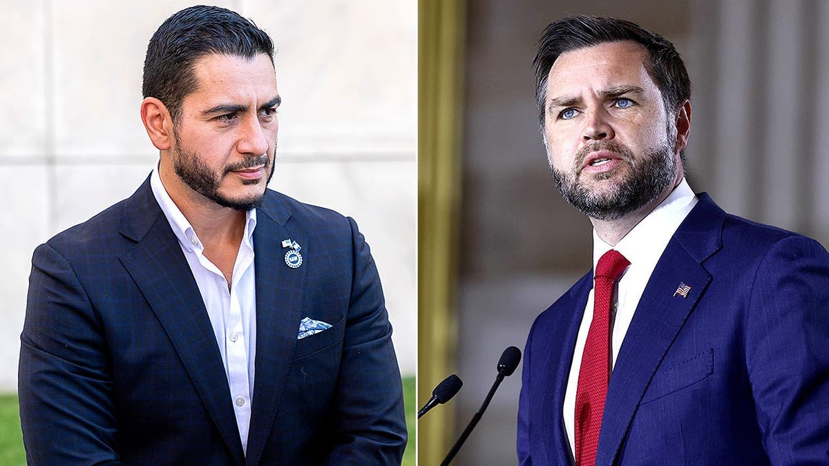 Split image of Abdul El-Sayed, left, and Vice President JD Vance, right.