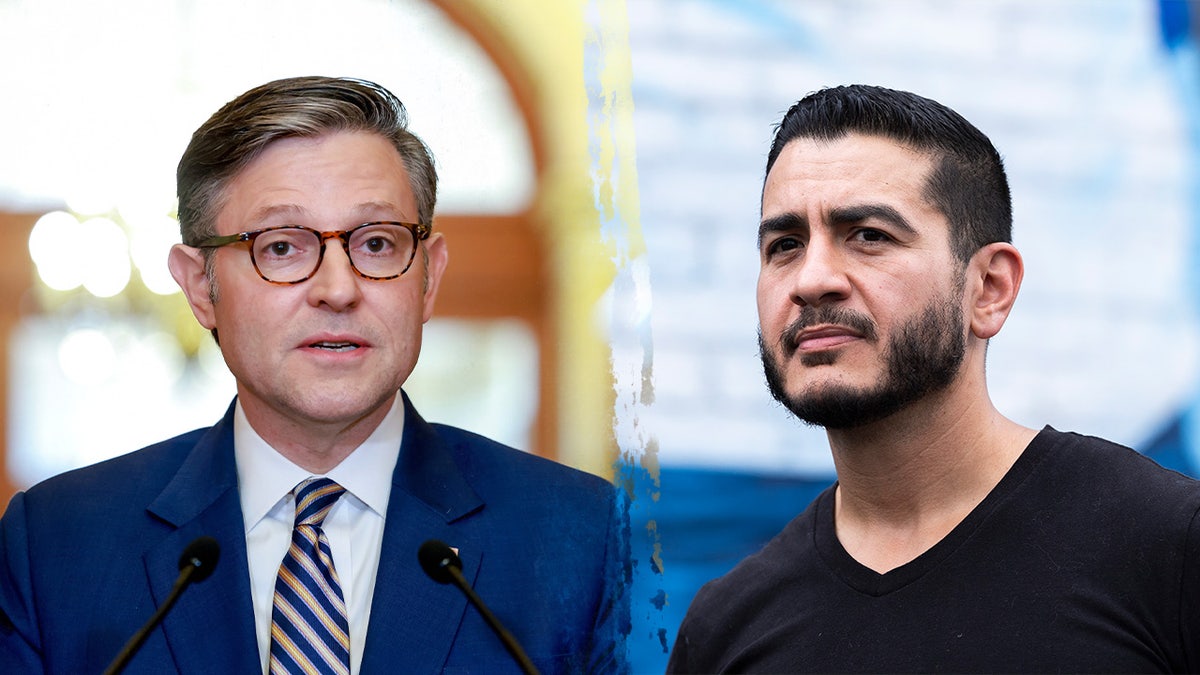A split image of Speaker Mike Johnson and Senate candidate Dr. Abdul El-Sayed