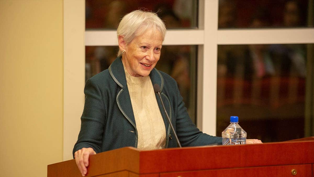 Former Kansas Sen. Nancy Kassebaum Baker speaks at a podium at Johns Hopkins University in Baltimore in 2010