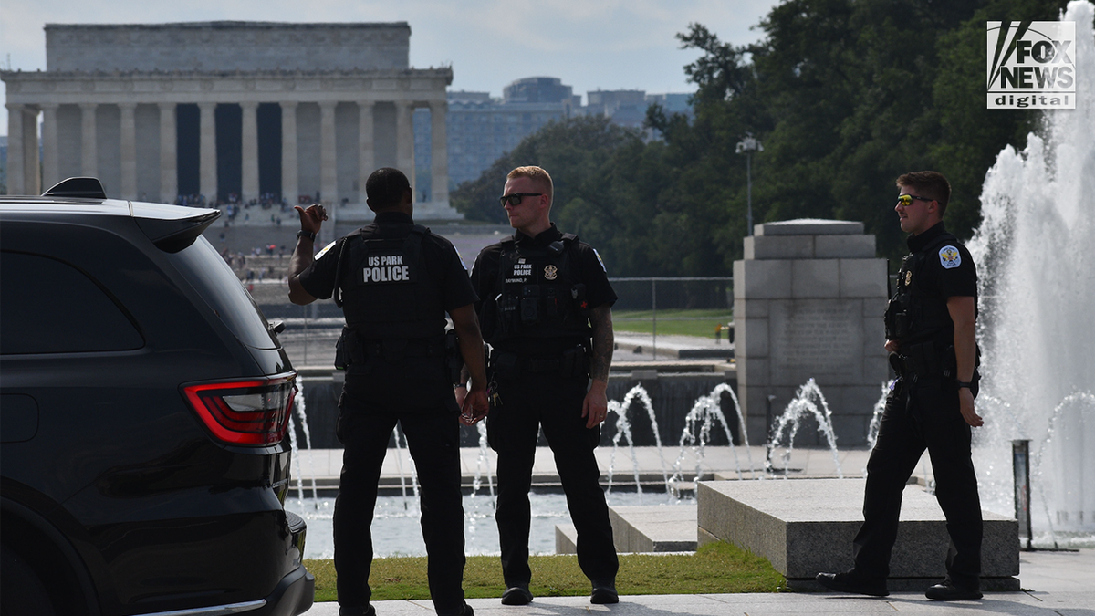 Police respond to the World War II Memorial in Washington, D.C., following an apparent act of vandalism at the national landmark.