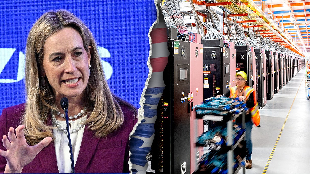 Mikie Sherrill next to an image of a data center