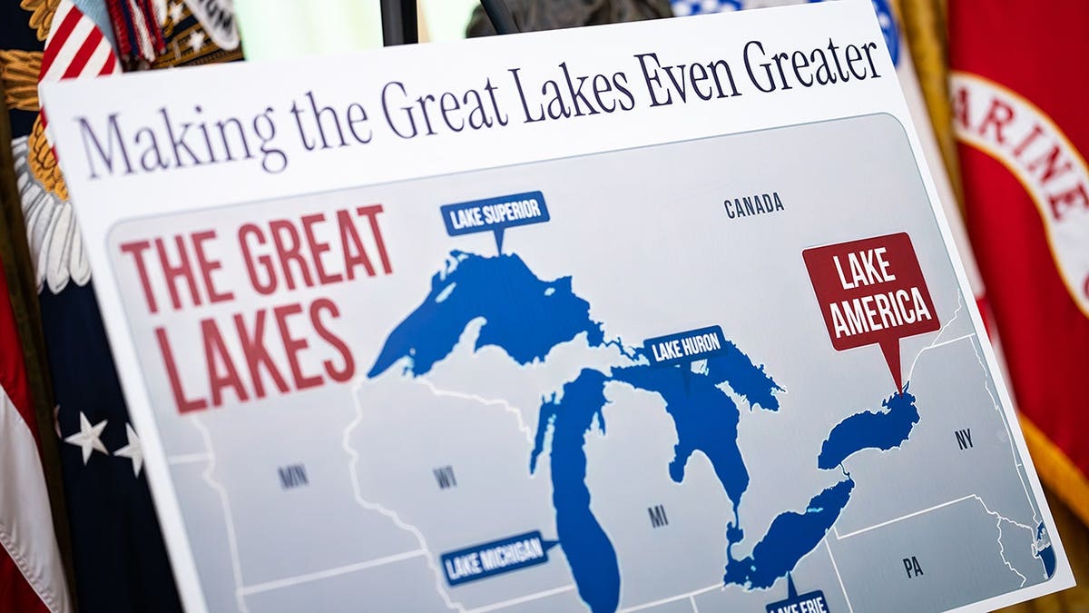"Making the Great Lakes Even Greater" signage during an executive order signing in the Oval Office of the White House in Washington, D.C., on Thursday, Aug. 27, 2026.