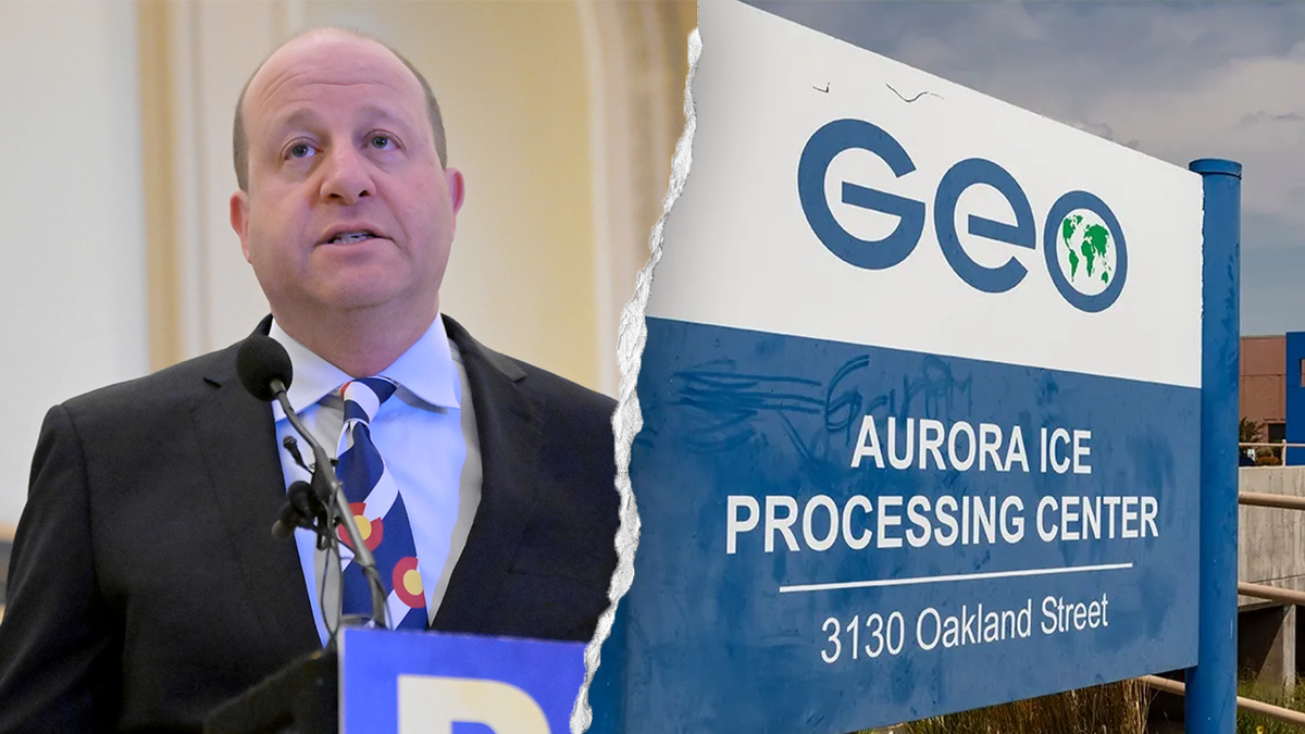 A split image of Gov. Jared Polis and GEO